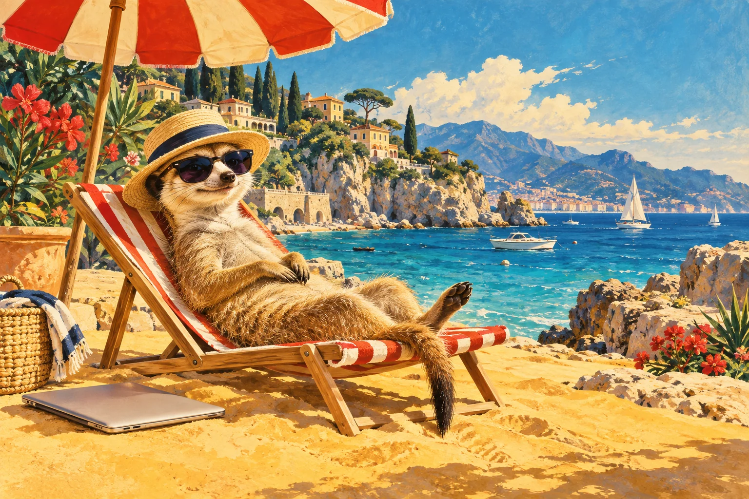 A meerkat taking it easy beside the sea