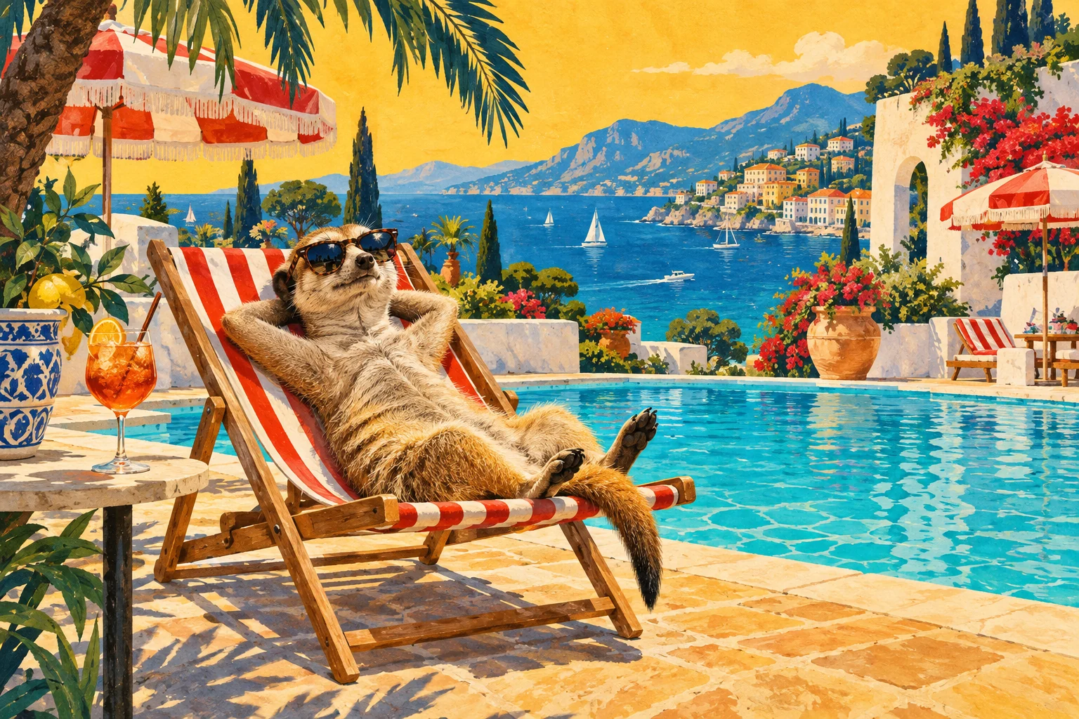 A sunglasses-wearing meerkat relaxing in a deckchair beside a turquoise pool